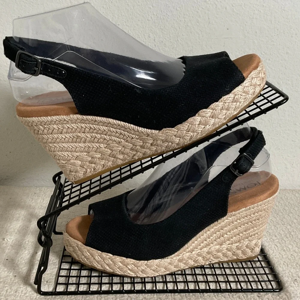 TOMS Black Canvas Peep Toe Espadrille Wedge Slingback Sandals 10022387 Womens 8 - Picture 4 of 14